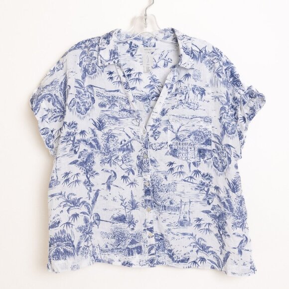Joie Shirt Linen Short Sleeve Button Up Blue White Tropical Print - Picture 1 of 13